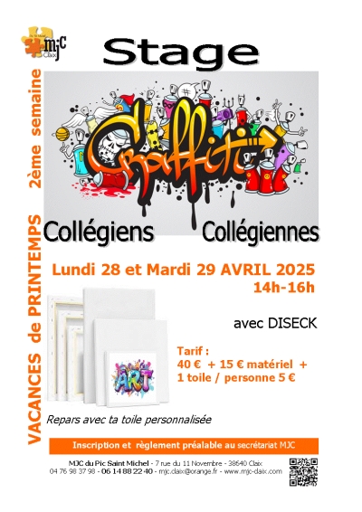 Stage graffittis sur toile collégiens- collégiennes 28-29 avril